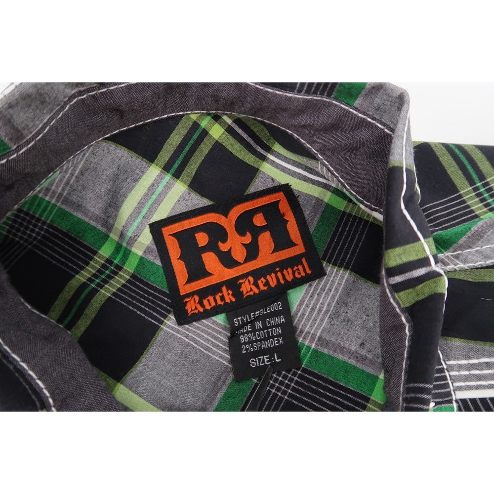 Rock Revival Button Down Shirt Mens Large Green Plaid Contrast Stitch BLE002 - Picture 4 of 11